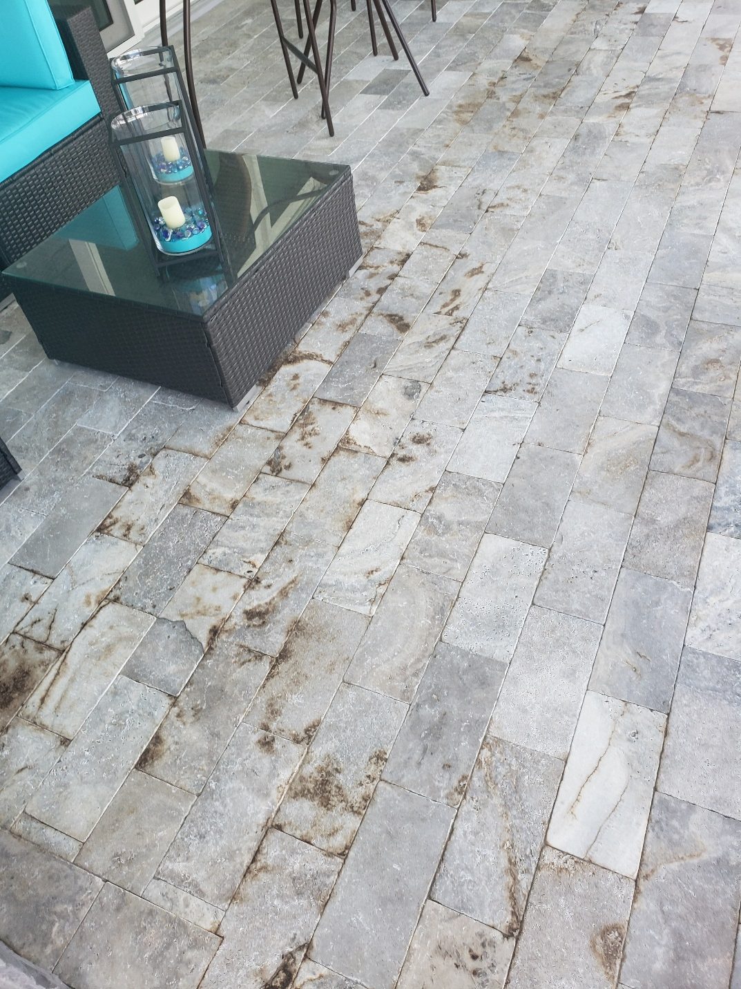 Silver Travertine paver with iron staining