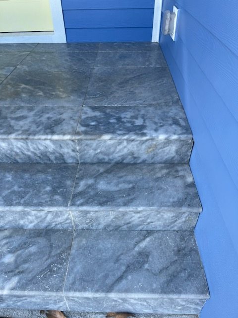 Tahoe Marble steps installed in mortar bed — no iron staining after years of service