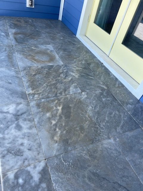 Tahoe Marble patio installed in mortar bed — natural veining, no iron stain